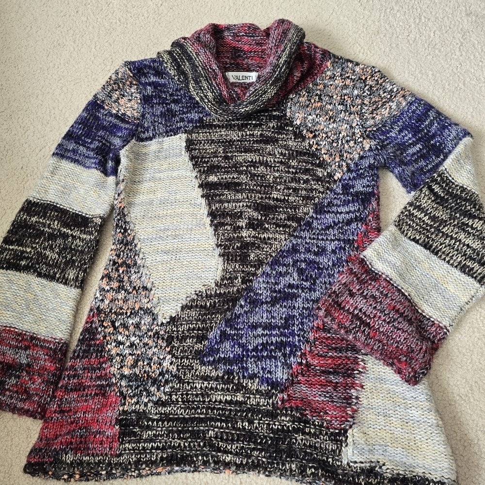 Vintage Valenti Patchwork Knit Cowl Neck Sweater Tunic – Cozy Long Sleeve Large